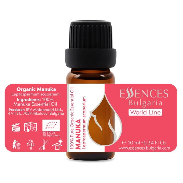 Organic manuka essential oil (10ml) label