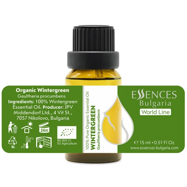 Organic wintergreen essential oil (15ml) label