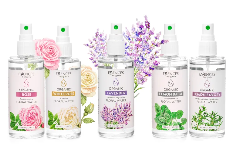 Blütenwasser aus Rose, weißer Rose, Lavendel, Melisse und Zitronenbohnenkraut